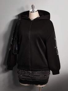 SHEIN ICON 大码女式休闲连帽衫，饰有水钻，前拉链 - 黑色 - 查看 9