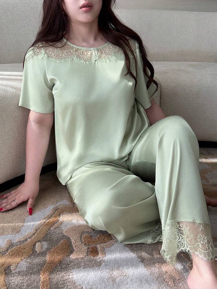 Dazy Plus 2pcs Plus Size Women Contrast Lace Loose Short Sleeve Top And Long Pants Pajama Set, Spring/Summer