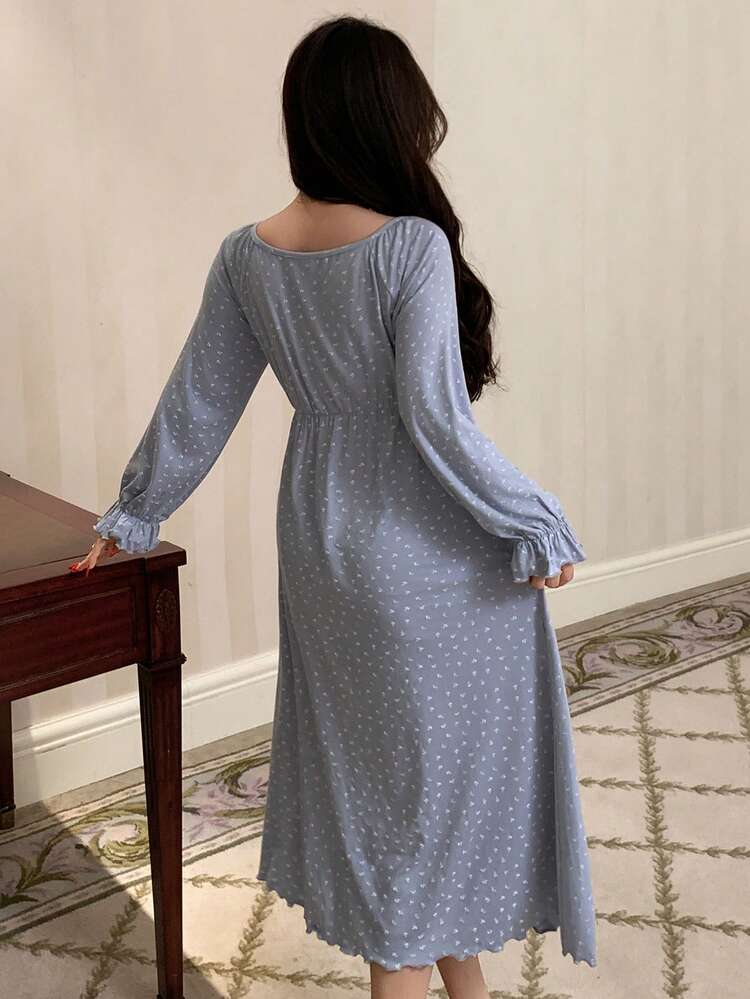 French Pleated Tie Collar Floral Lace Trim Waist Cinched Long Women Nightgown