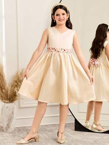 SHEIN Ensemble robe sans manches de couleur unie et gilet à col mao imprimé pour préadolescentes - Nude - Voir 9
