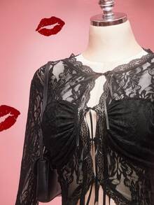 SHEIN ICON 大码女式系带喇叭袖上衣和百褶迷你裙性感两件套 - 黑色 - 查看 5
