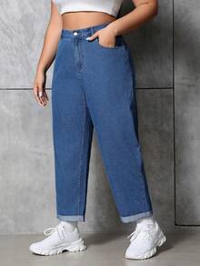 SHEIN ICON Jeans ajustados de talle alto de estilo casual para mujer de talla grande, versátiles para el uso diario - Azul lavado medio - Ver 3