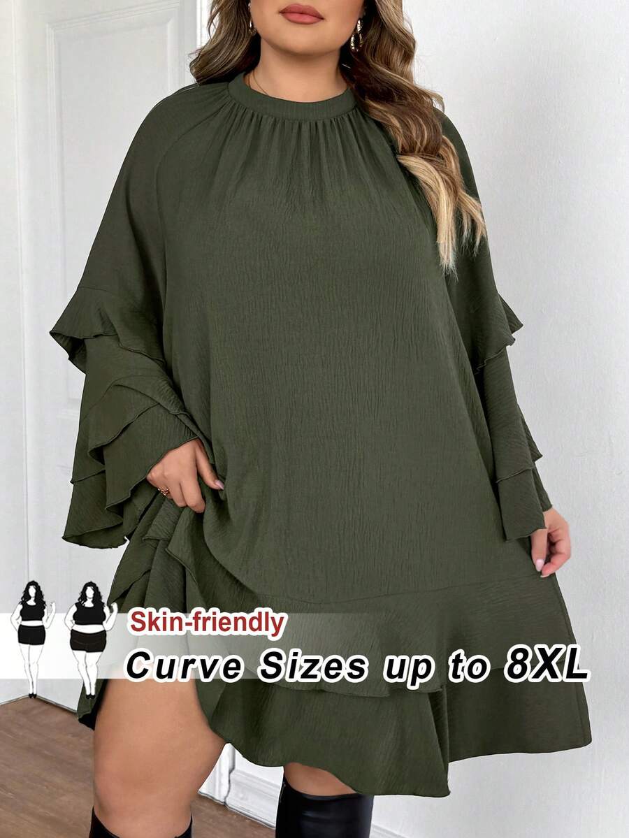SHEIN CURVE+ Plus Size Dark Green Casual Dress, Suitable For Everyday Wear And Commuting - Green - View 1