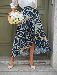 Louniche 女士春夏单件式褶皱拼接荷叶边图腾印花A字腰部开衩沙滩度假裙 - 彩色 - 查看 4