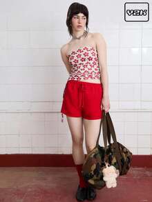 COUREZ Bandeau Top With Ruched Sides In Flower Print /Summer Cute Tops Cute Summer Tops Y2K Summer Floral Tops Vintage - Red and White - View 1