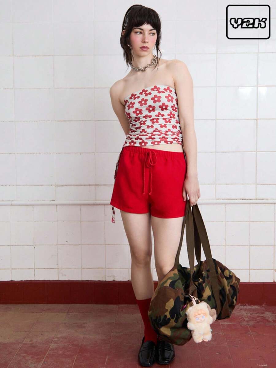 COUREZ Bandeau Top With Ruched Sides In Flower Print /Summer Cute Tops Cute Summer Tops Y2K Summer Floral Tops Vintage - Red and White - View 1
