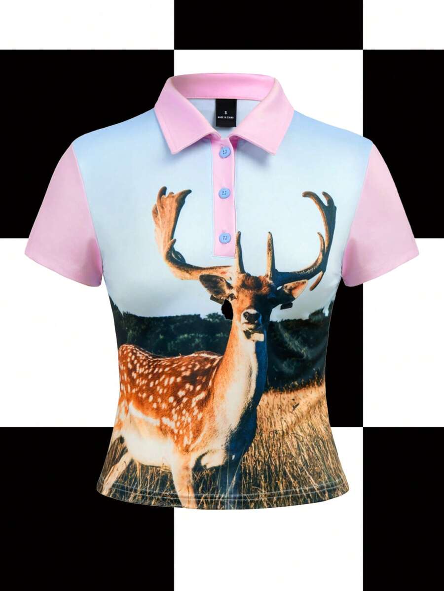 Shutterstock Y2Kool Multicolor Blue & Pink Contrast Deer Meadow Nature Christmas Y2K Casual Street Chic Women Polo Neck Fitted Cropped Short Sleeve T-Shirt, Suitable For Autumn/Winter Parties, Holidays, Christmas, Daily Wear - Multicolor - View 1