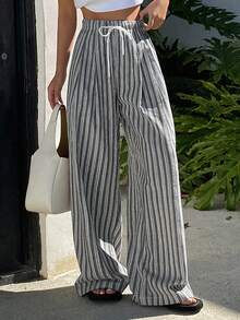 Livesso Women's Loose Casual Vacation Style Fashion Street Thin Striped Color Block Waist Tie Straight Leg Pants, Spring/Summer - Grey - View 6