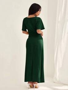 SHEIN PETITE Đầm nữ mùa hè màu trơn, chất liệu pha lanh, kiểu dáng thanh lịch thường ngày. - Màu xanh lá cây đậm - Xem 2