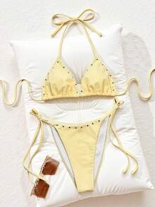 Swim SXY-D Solid Color Triangle Drawstring Halter Tie Knot Metal Decor Side Tie Bottoms Sexy Beach Bikini Set For Women - Yellow - View 5