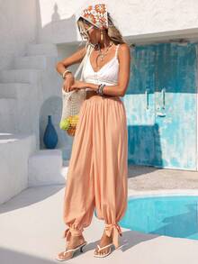 Vivid Eden Women's Casual Elastic Waist Drawstring Harem Pants With Textured Fabric, Suitable For Spring/Summer Outings And Vacations - Apricot - View 5