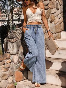 Breezaya Women's Elastic Waist Floral Denim Wide Leg Pants - Light Wash - View 3