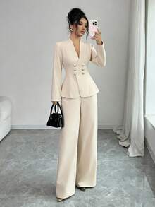 SHEIN Elenzya 女士V领双排扣金属装饰纽扣收腰长袖上衣和长裤套装，优雅职业装 - 杏色 - 查看 5