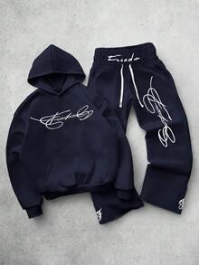 PAVTROS 男士街头风流行INS风二合一抽绳腰拉链下摆自由刺绣户外音乐节夜店男友/老公礼物周年纪念礼物浅灰色连帽衫和裤子套装 - 藏蓝色 - 查看 3