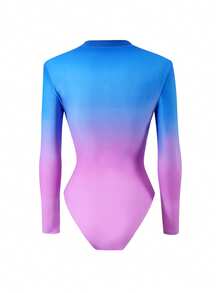 Swim Mulvari 3件套女士时尚渐变拉链长袖圆领泳衣上衣、长款弹力腰泳裤和系带裙比基尼套装 - 彩色 - 查看 7