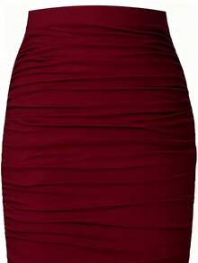 INAWLY Burgundy Ruched Bodycon Midi Skirt For Women Sexy Plain Polyester Pencil Dress Style - Burgundy - View 4