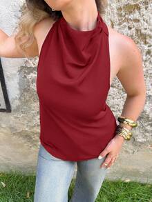 Jeta Ari Kemeja Hitam Body-Con untuk Kerja, Model Baru Musim Semi/Panas, Elegan, Sederhana, Cocok untuk Perjalanan Sehari-hari, Gaya Vintage Modern, Tanpa Lengan, Leher Asimetris, Model Halter, Tanpa Punggung, Dekorasi Pita - Burgundy - View 3