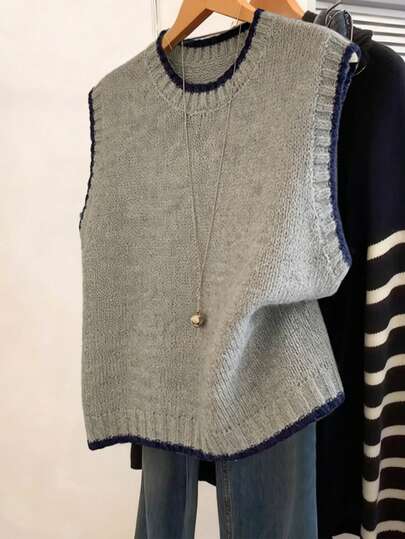 Nubod 2026 大码女式时尚休闲简约百搭圆领撞色滚边拼接灰色针织背心，适合日常穿着