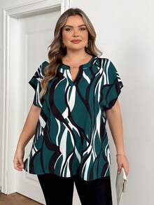 SHEIN CURVE+ Plus Size Women's Printed V-Neck Batwing Short Sleeve Casual Shirt Women Blouses Summer Tops Shirts - Multicolor - View 4
