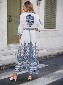 Louniche 标准尺码女士印花腰带装饰休闲度假中长连衣裙 - 藍色 - 查看 2