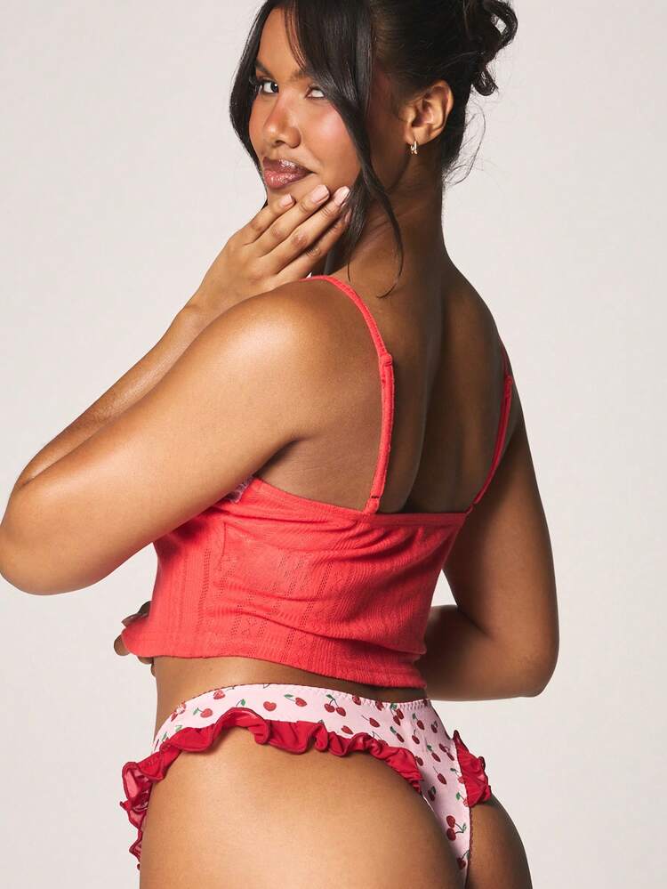 MISSGUIDED Cherry Print Thong With Ruffle Trim Mesh Frill Detail Low Rise Hipster Style Underwear Brief Lingerie