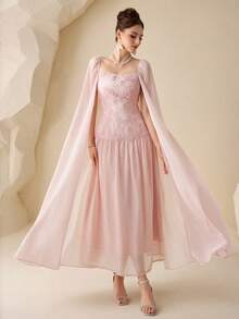 Modelyn Đầm dự tiệc sang trọng, thanh lịch bằng vải chiffon, họa tiết hoa, tay phồng, thắt eo. - Màu Hồng baby - Xem 5