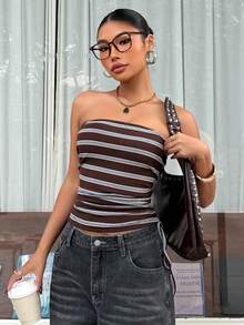 Muchica 女士条纹针织抽绳抹胸上衣 - 棕色 - 查看 3