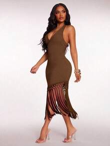 Radiana Women's Summer Boho Brown Crochet Flowy Fringe Hem Dress, Holiday/Beach Vacation Dress - Brown - View 4