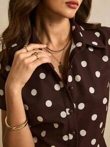 Poéselle 女士波点印花短袖单排扣休闲衬衫，棕色上衣，波点上衣，优雅女士衬衫，女士休闲衬衫，女士度假装，Y2K风格上衣，夏季上衣，春季女装，女士外出上衣，春夏款 - 棕色 - 查看 5