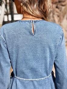 Breezaya Women's Round Neck Ruffle Sleeve Knotted Waist Asymmetrical Hem Top And Wide Leg Jeans Casual Outfit