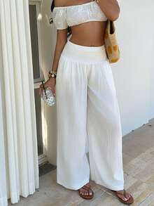 Sunnyshic Quần nữ thanh lịch màu trơn có túi xéo, cạp chun. - trắng - Xem 4