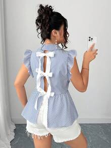 Elenzga Camisa azul a rayas con lazo en la espalda, elegante, de moda, casual, para vacaciones y para ir al trabajo - Azul - Ver 5