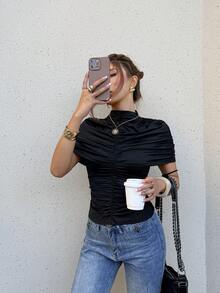 Siren Gaze Spring & Summer Valentine's Day Women's Solid Color Pleated Shoulder Turtleneck Elastic Fitted Waist Stylish T-Shirt - Black - View 5