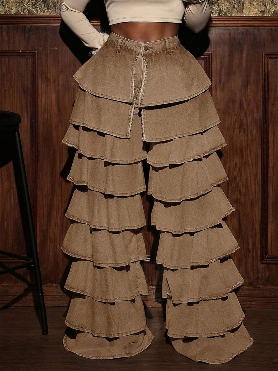 Slaydiva Jeans de mezclilla de unicolor con diseño de capas de moda para mujer - Café integral - Ver 1