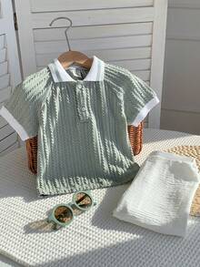 SHEIN 2pcs Baby Boy Summer Casual Denim And White Family Matching Green Polo Collar Short Sleeve Top And Elastic Waist Pants Set For Birthday Party Wedding - Multicolor - View 2