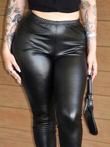 Arliah Women's Slim Fit Pu Leather Leggings - Black - View 4