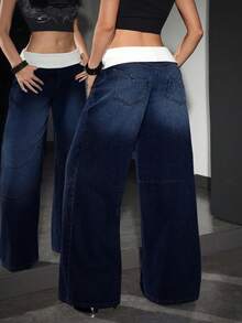 Jeanoix Große Größen Jeans mit kontrastierendem Bund, lässig und vielseitig mit weitem Bein - Dunkle Waschung - Übersicht 2