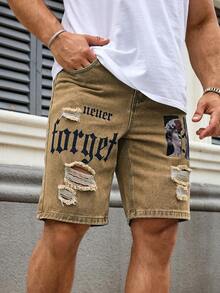 Manfinity Roughcore Quần short denim nam in chữ, có túi, kiểu dáng casual, quần short denim rách, quần short denim phong cách đường phố, quần short denim nam đã giặt, quần short jeans nam, quần short denim in họa tiết nam. - Màu Khaki - Xem 5