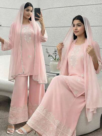SHEIN Jalabiya Abaya Set - Embroidered Top & Sequin Decorated Wide Leg Pants, Elegant Arabian Style Outfit For Teens/Women, Suitable For Parties, Casual Wear, School, Presenting Fashionable And Graceful Personalized