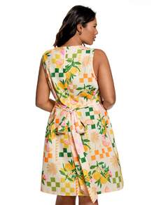 SHEIN Unity 大码女式水果印花圆领休闲无袖连衣裙 - 黃色 - 查看 3