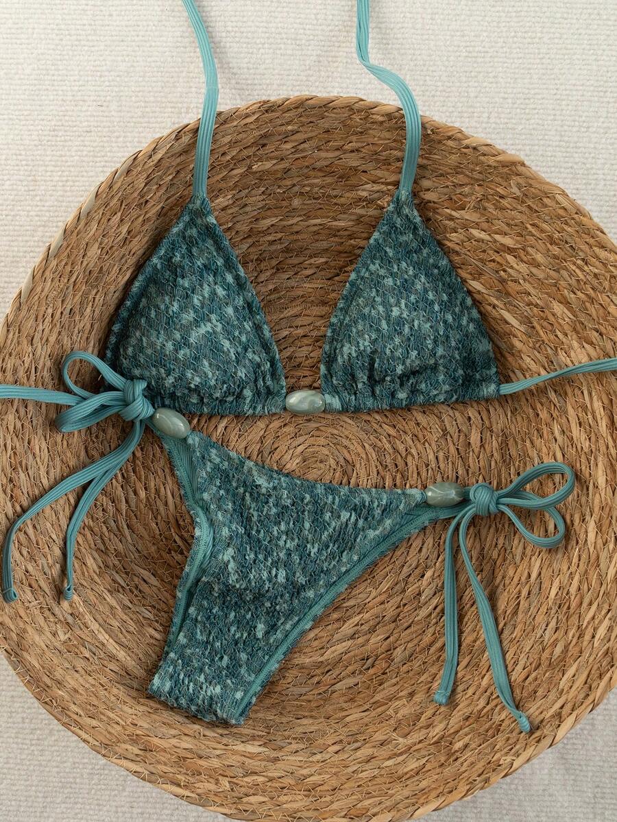 Swim Vcay 2026 Spring/Summer Green Special Fabric Women's Swimsuit, Spaghetti Strap Halter Solid Color Sexy Side Tie Thong Bikini Two-Piece Swimwear Teal Bikini Tie Bikini Set Textured Bikini Triangle Bikini