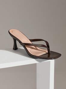 SHUZIA 女士极简时尚舒适方头细高跟人字拖凉鞋 - 巧克力棕 - 查看 9