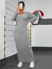 SHEIN EZwear Plus Solid V Neck Bodycon Dress Long Dress - Light Grey - View 4