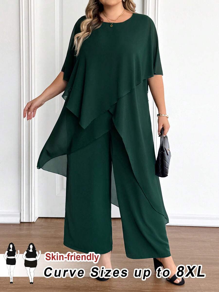 SHEIN CURVE+ 大码女式纯色不对称下摆圆领上衣和阔腿裤宽松两件套 - 綠色 - 查看 1