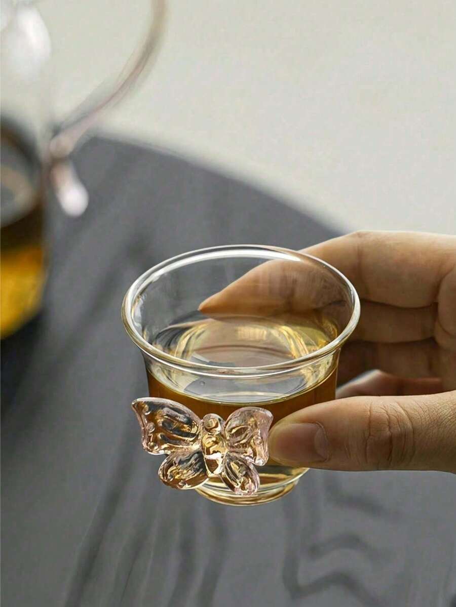 1个粉色大号3D蝴蝶装饰玻璃茶杯，ins风蝴蝶玻璃杯，精致下午茶蝴蝶玻璃杯，适用于茶室、客厅、餐厅 - 無色 - 查看 1