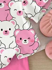 SHEIN Baby Girl Casual Cute Cartoon Bear Print Outfit, Fashionable , Cream Pink, Round Neck Short Sleeve T-Shirt And Leggings Set, Suitable For Spring/Summer, Daily Wear, Matching Sisters, Vacation, Y2K Style Cute Toddler Sets Baby Girl Short Sleeve Two Piece Set For Baby Girls Baby Girl Clothes Summer Sets Bear Girls Clothing - Multicolor - View 6
