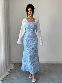 Elenzga Đầm đuôi cá ôm dáng thanh lịch, chất liệu jacquard, hàng mới về mùa Xuân/Hè 2026 dành cho nữ. - Xanh và trắng - Xem 6