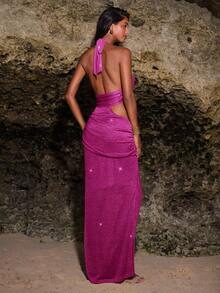Opulessa Solid Color Knitted Hollow Out Dress For Women - Hot Pink - View 2