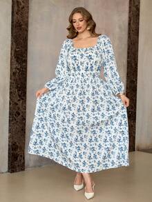 Roveilla 大码女式新款优雅白色底蓝色花卉方领长袖收腰A字连衣裙 - 藍色 - 查看 6