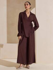 Graceveil 两件套女士纯色衬衫领侧系带优雅休闲套装 - 咖啡棕 - 查看 5